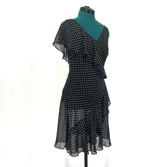 Chaps Black with White Polka Dots Asymmetrical Ruffled Lined Flutter Dress, 8 - Picture 10 of 17